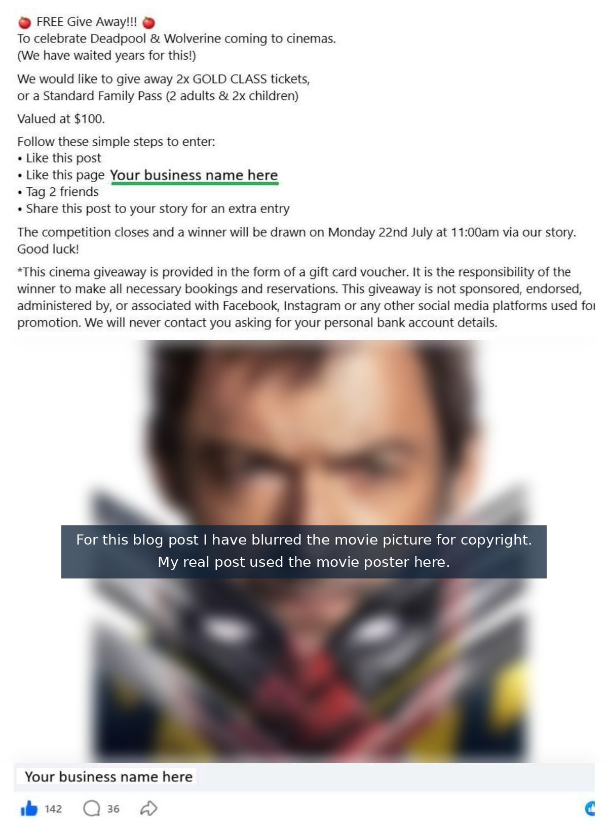 The Facebook giveaway post used in the Movie Ticket Method, offering two Gold Class cinema tickets to celebrate the release of Deadpool and Wolverine, with entry steps and a disclaimer. The film artwork is blurred for copyright.